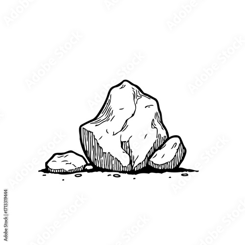 Monochrome minimalist hand drawn illustration three stones isolated white backdrop rock formation