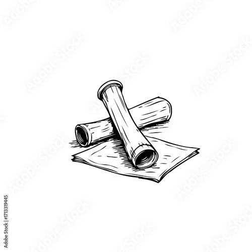 Monochrome minimalistic illustration displaying paper and cylindrical objects rendered in a