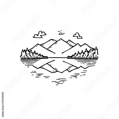 Monochrome mountain range reflected in tranquil waters with surrounding coniferous forest line art