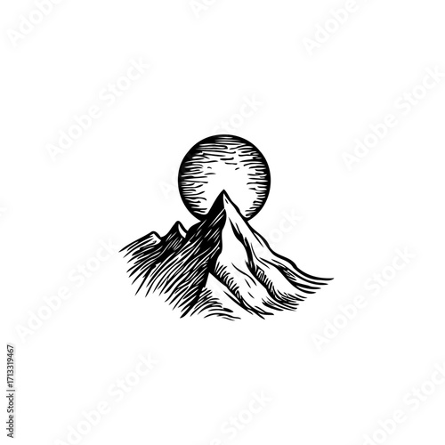 Monochrome mountain range silhouette with celestial orb shining above for nature illustrations