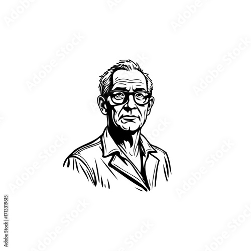 Monochrome portrait sketch of a contemplative elderly man with glasses conveying wisdom and