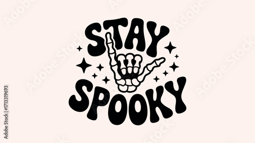 Black text " STAYSPOKY" with skeleton hand and stars on light pink background