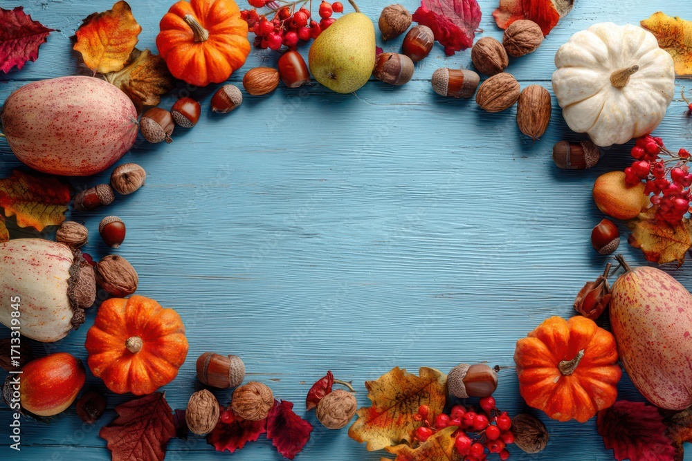 Obraz premium Vibrant autumn harvest border frame with pumpkins gourds nuts and fall leaves on rustic blue wood
