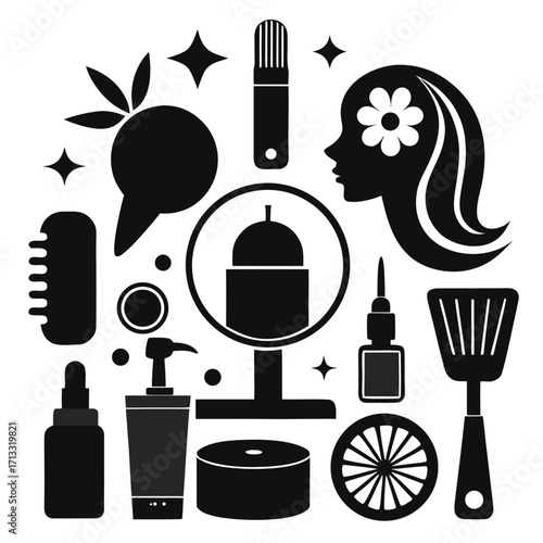 Black silhouette icons of beauty and hair care tools arranged in a circular pattern with decorative elements on a white background Keywords: beauty, hair care, icons, silhouette, female, profile