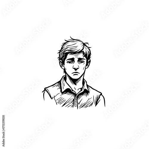 Monochrome sketch of a young man expressing melancholy, creating an introspective and emotive