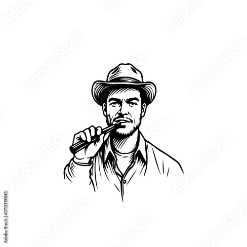 Monochrome sketch of a man with hat holding an elegant pipe with relaxed posture
