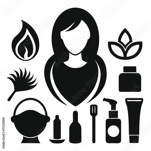 Black Silhouette Icons of Beauty and Hairdressing Tools and a Woman's Portrait with Nature Elements