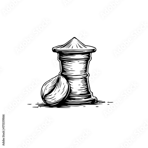 Monochrome sketch showcasing a spindle with thread and an accompanying almond shape symbol