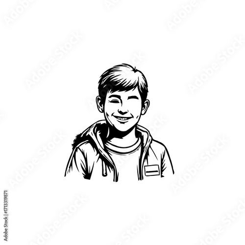 Monochrome sketch of cheerful young boy in hooded jacket exhibiting a genuine smile graphic