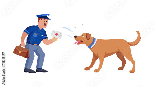 a 2D cartoon illustration of a dog barking at a mailman, protective and loud, white background--ar 16:9