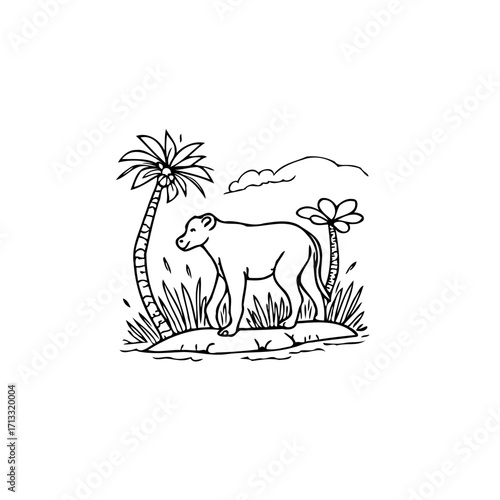 Monochrome wilderness artwork showcasing a wild animal among tropical flora, conveying simplistic
