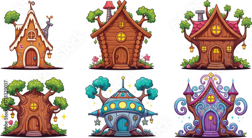 Fantasy fairy tale houses illustration, magical tree homes, cartoon whimsical cottages, enchanted village vector artwork for storybook and decoration.