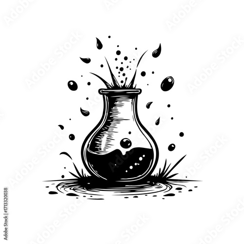 Mysterious liquid eruption in glass vessel on a ground monochrome illustration isolated on white