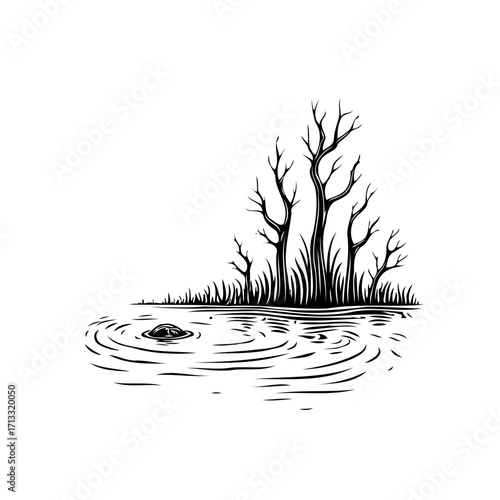 Mystic waterscape illustration featuring bare trees silhouette and serene ripples creating a