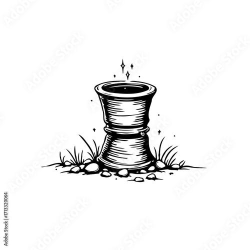 Mystical ancient urn emitting glowing energy, surrounded by natural elements in monochrome