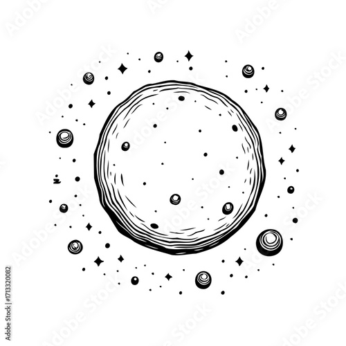 Mystical cosmic illustration of a celestial orb amidst a constellation of sparkling stars and