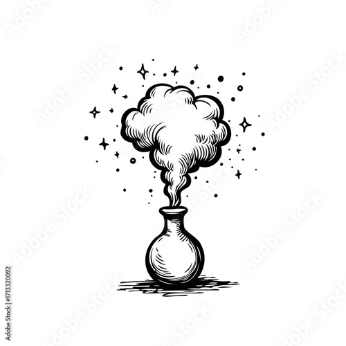 Mystical fumes emerge from a vintage vessel creating a scene of alchemical experiments and fantasy