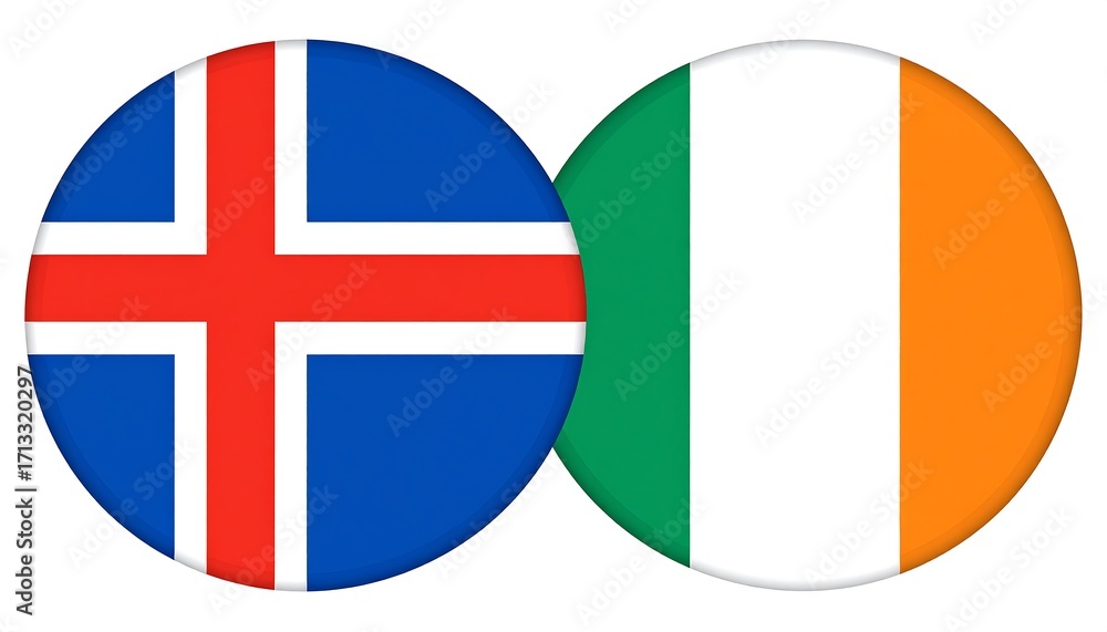 Obraz premium Two circular national flags, Iceland and Ireland, are displayed side-by-side on a plain white background.
