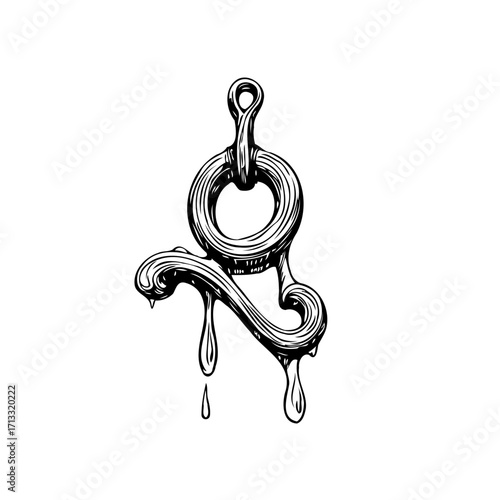 Ornate dripping emblem suspended evokes vintage gothic aesthetic with singular loop and flowing