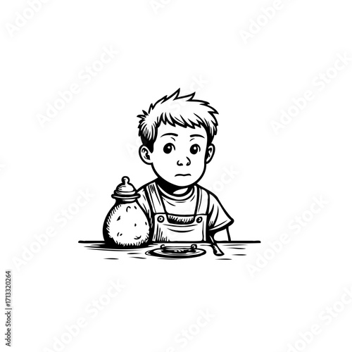 Pensive child gazes with baby food near table, showcasing the innocence of childhood experiences