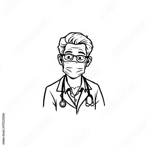 Physician protecting himself with medical mask and stethoscope as healthcare provider is ready to