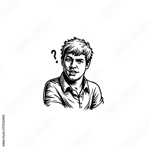Portrait of a puzzled young man with a question mark expressing thoughtful consideration and