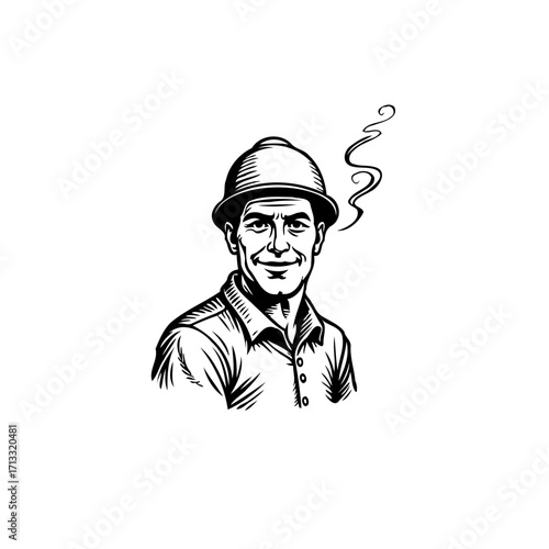 Retro styled confident construction worker portrait with safety helmet and a smoke illustration