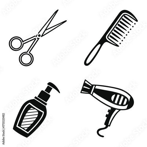 Collection of four black silhouette icons for hairdressing and beauty on a white background salon