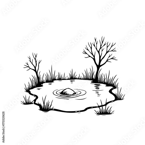 Serene pond landscape with subtle ripples and bare trees evokes contemplation of nature's