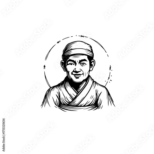 Serene portrayal of an asian gentleman adorned in traditional attire evoking a sense of peace and