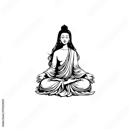 Serene representation of a meditating figure in simple graphic style for concepts spirituality and