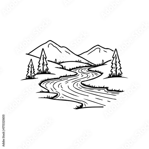 Serene river winds through mountainous landscape offering a tranquil nature retreat drawing