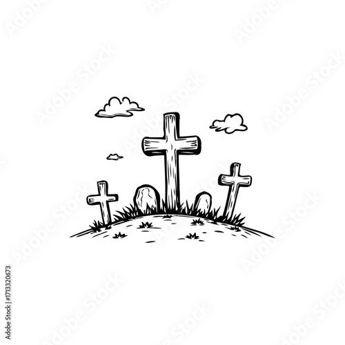 Serene Sketch Depicting a Graveyard with Crosses, Clouds and Grass in a Simplistic Style Hand