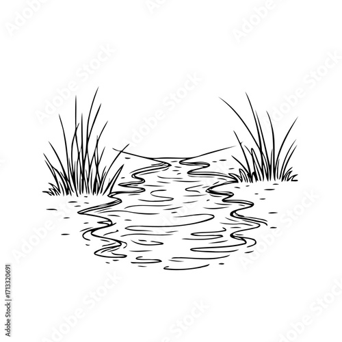 Serene waters winding through a tranquil landscape with wild grasses offering a peaceful and