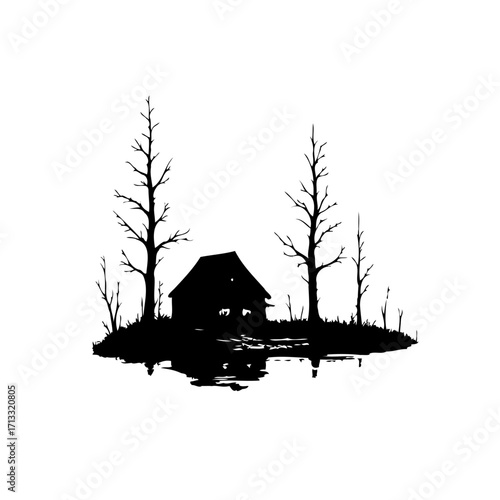 Silhouette tranquil lakeside cabin nestled amidst barren trees reflected water monochrome scenic