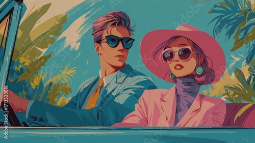 Stylish couple wearing sunglasses driving convertible car, tropical background, retro fashion, vibrant colors, relaxed mood