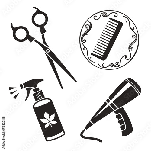 Four black silhouette icons for hairdressing and beauty services on a white background salon scissors
