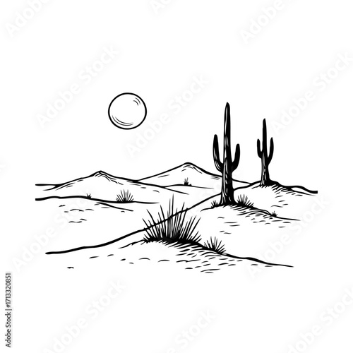 Simple desert landscape drawing showcasing cacti dunes and a bright sun ideal for minimalistic