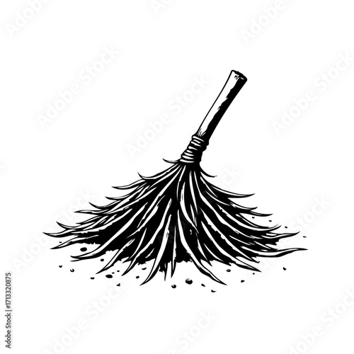 Simple drawing of a broom laying horizontally, creating interesting minimalist contrast,