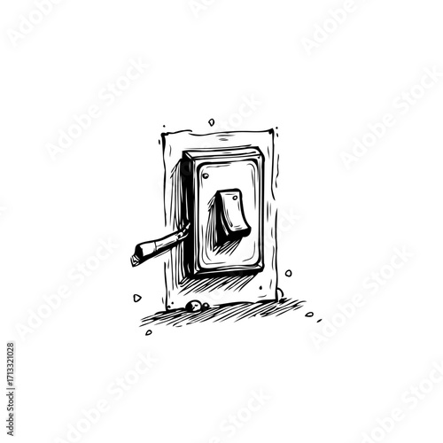 Sketch art depicts a vintage light switch in an off position with strong graphic details drawing