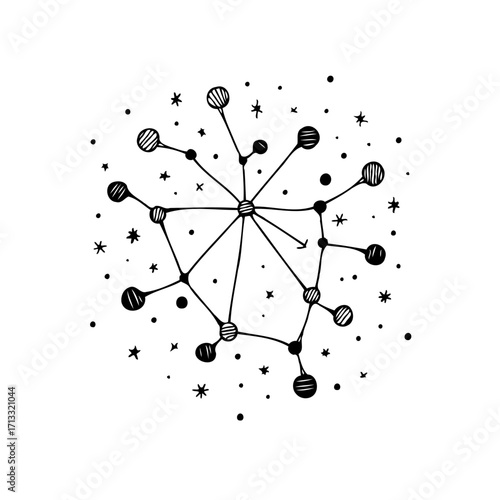 Sketch constellation artwork displaying linked celestial bodies with connecting lines among