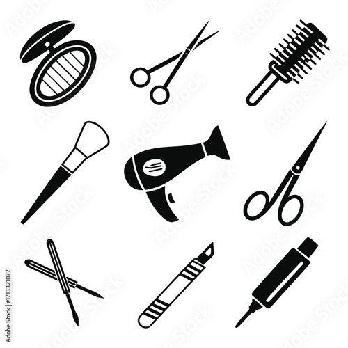 Group of black silhouette icons for hairdressing and beauty salon services including scissors comb hairdryer and makeup tools on a white background