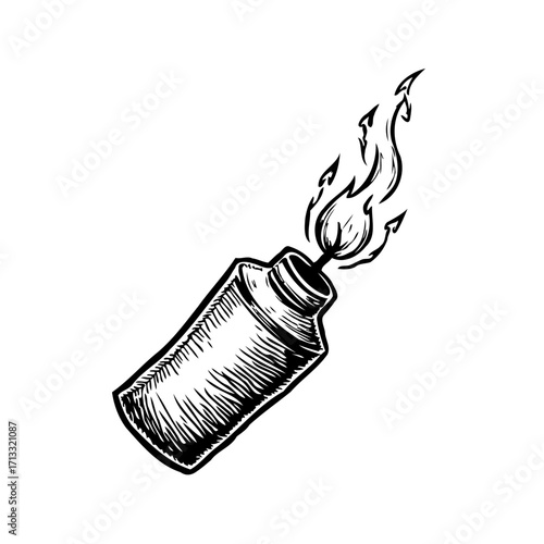 Sketch of a burning bottle with flames creating a dynamic vector artwork with explosive energy