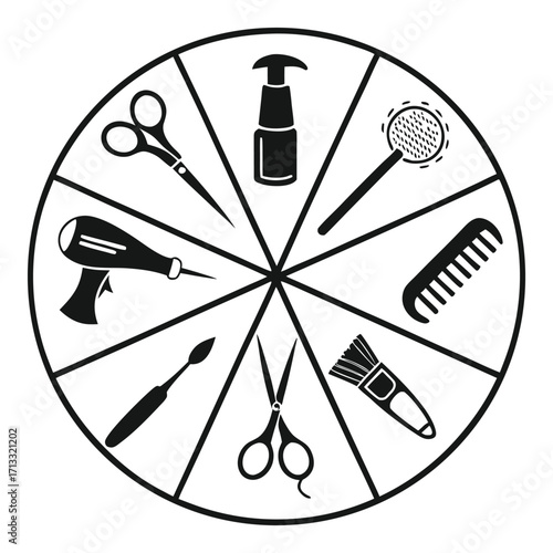 Radial Arrangement of Beauty and Hairdressing Icons within a Circular Frame salon