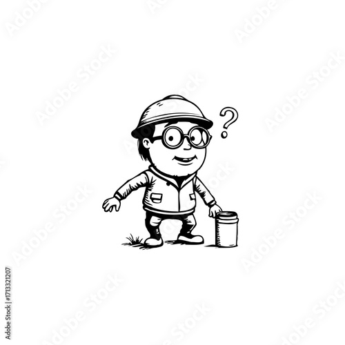 Sketch of an unsure cartoon engineer pondering with a hard hat and a cylinder object for a future