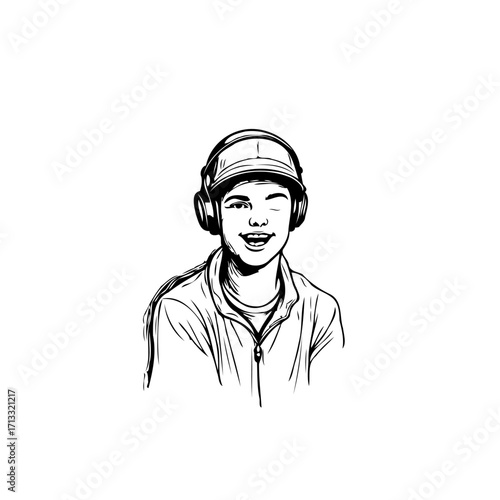 Sketch of a young man wearing headphones and a cap with a playful wink expression artistic