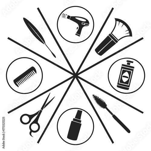 Radial Arrangement of Black Beauty and Hairdressing Icons in Circles hairdryer