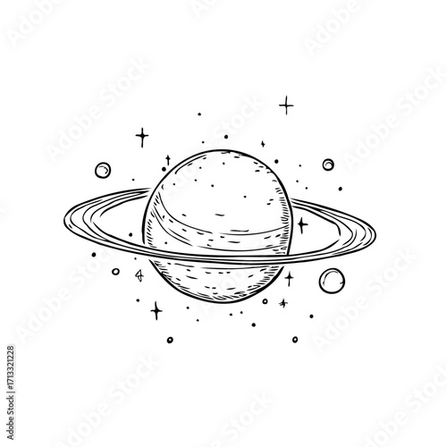 Sketch of celestial ringed orb in ethereal cosmos with scattered starlight and cosmic dust