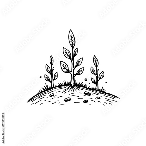 Sketch of flourishing saplings on a small hill representing new beginnings and environmental