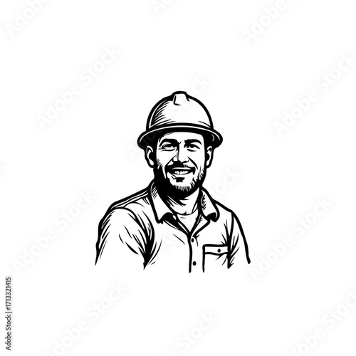 Smiling construction worker portrait with protective helmet in a monochrome graphical illustration